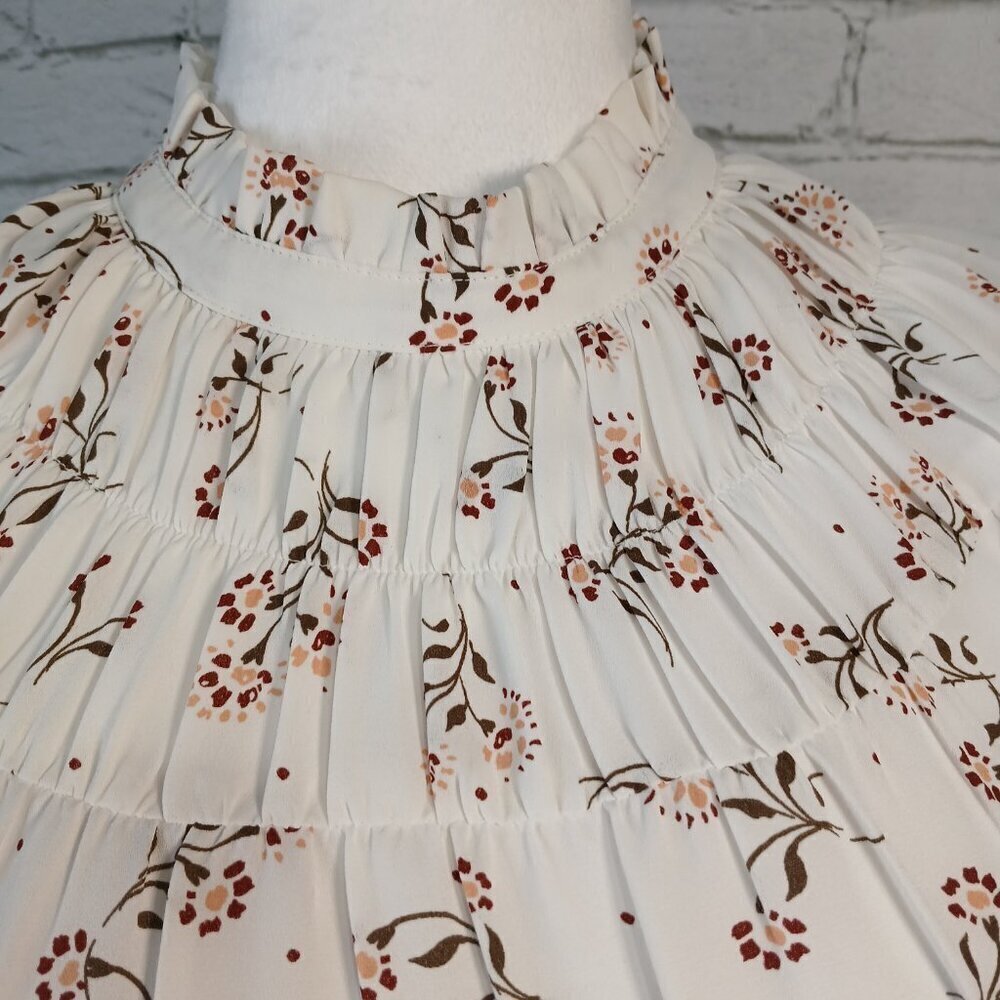 WOMENS LOFT BLOUSE CREAM FLORAL DESIGN RUFFLE NECK LONG SLEEVE CAREER XS - Picture 4 of 8